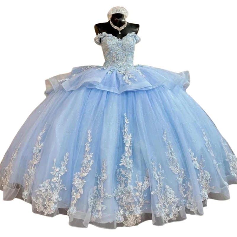 Personalizado luz azul vestidos de baile ocasião com decote em v renda applique vestido de baile 15 anos menina quinceanera vestido 16 formal