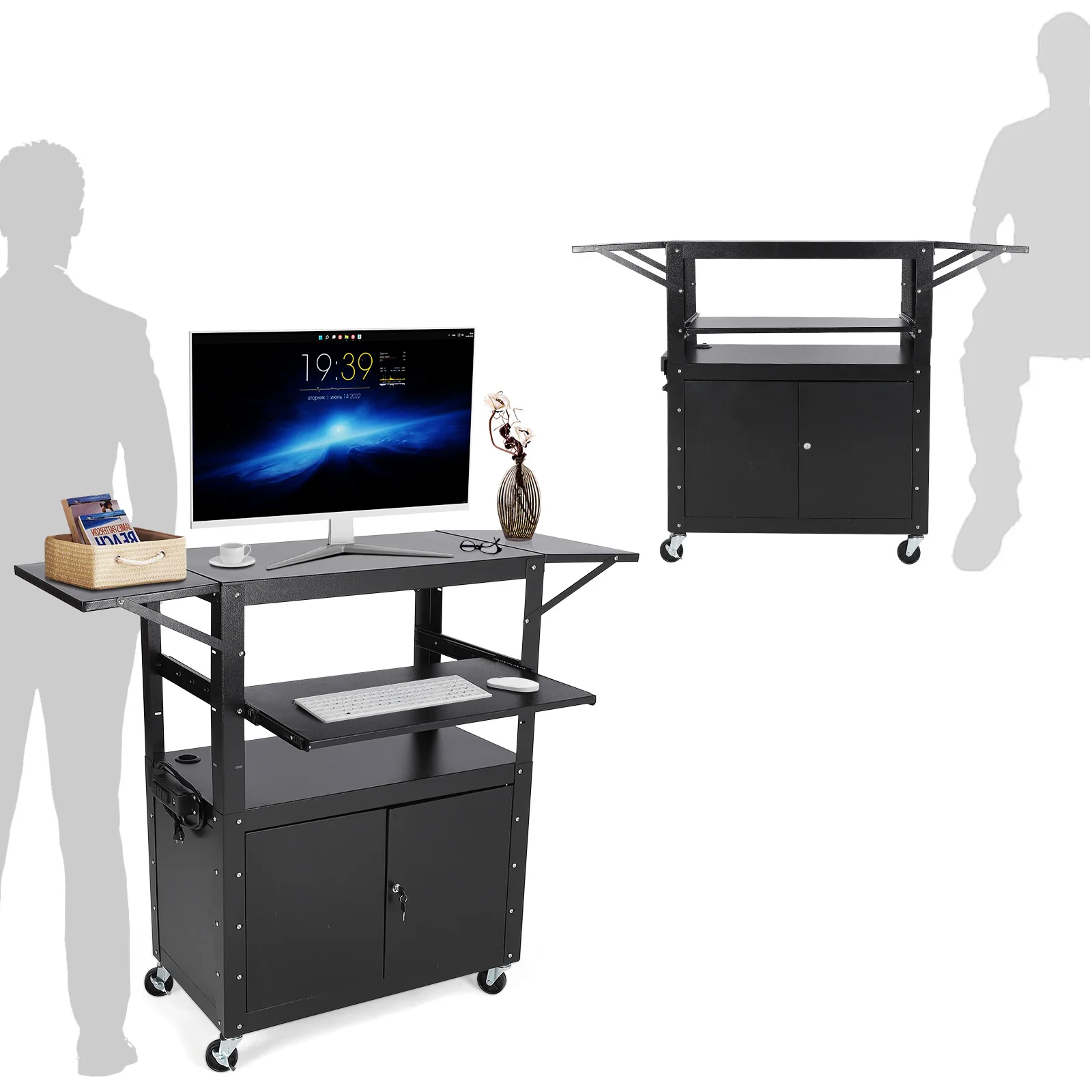 

Rolling AV Cart With Locking Cabinet, Laptop Stand, And Drop Leaves, Height Adjustable Mobile Utility Cart Workstation