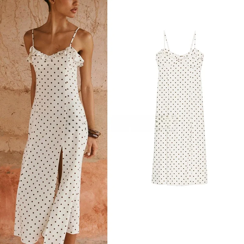 Vestido Midi F de Verão com Estampa de Poá, Decote em V, Decoração em Camadas, Linho Misto, Laço Borboleta, Cintura Al...