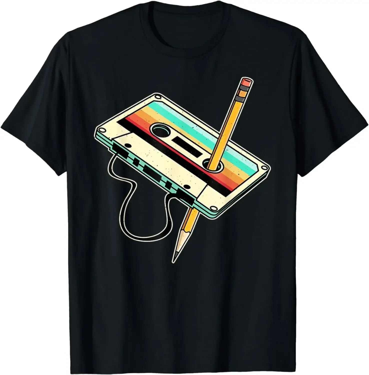 

80s cassette pencil 80s retro music T-shirt men's retro 2D T-shirt Camisetas