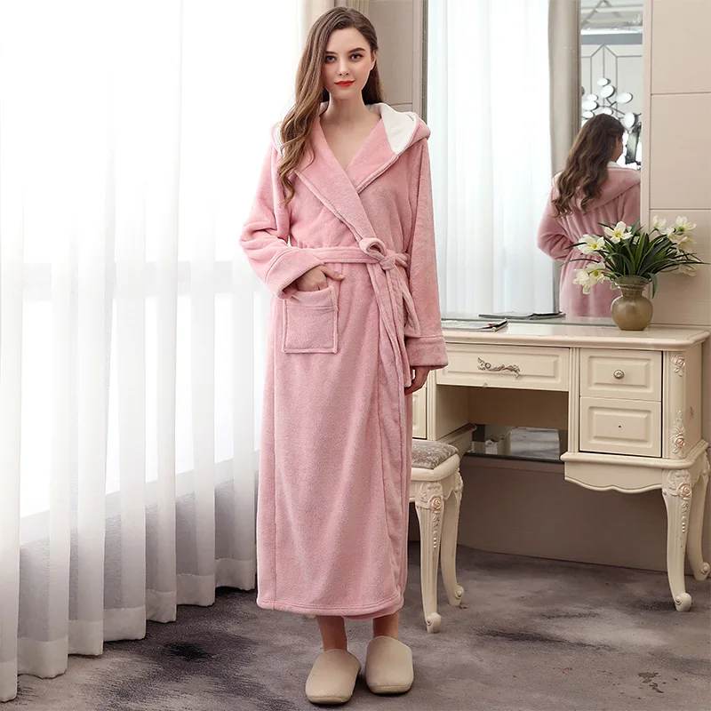 Women Winter Plus Size Flannel Robe Extra Long Hooded Warm Bathrobe Female Thick Kimono Bath Robe Dressing Gown Christmas Robes