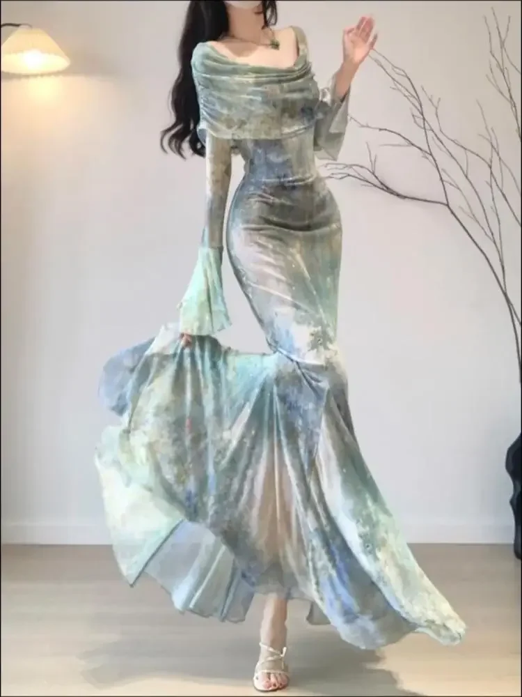 

Summer Casual Long Sleeve Sexy Slash Neck Dress Elegant Evening Party Midi Dress Women One Piece Dress Korean Fashion Vintage