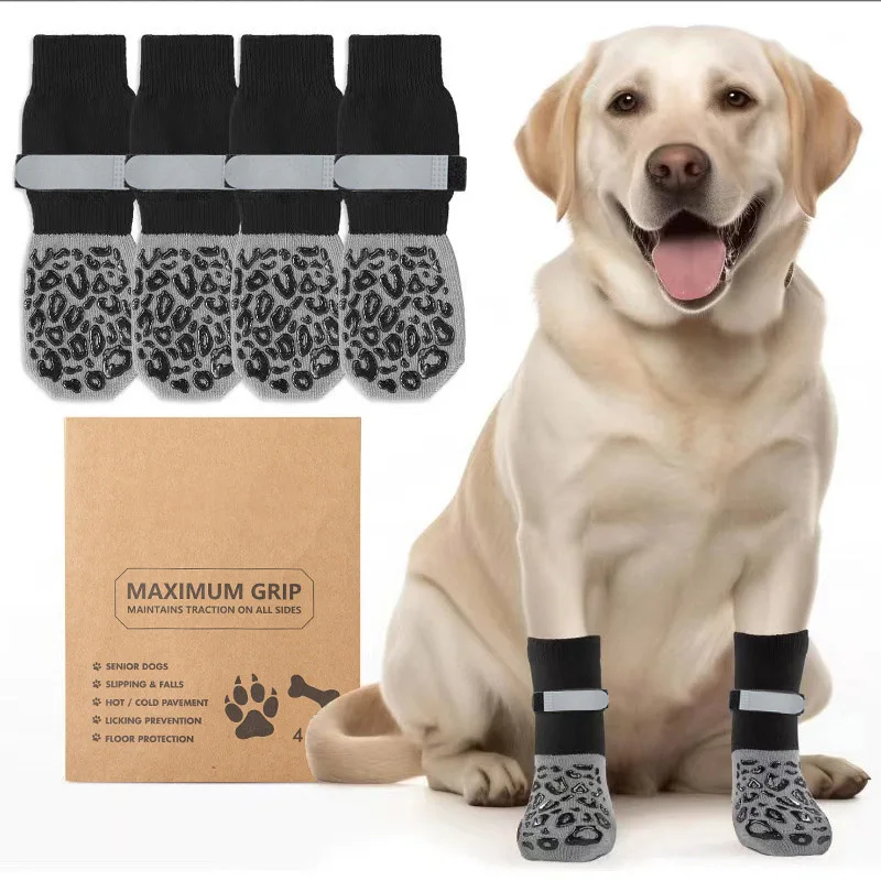 

4Pcs/set Non-Slip Dog Socks with Straps Fashionable Antifreeze Winter Thickened Warm Indoor Large Dog Shoes Pets Knitted Socks