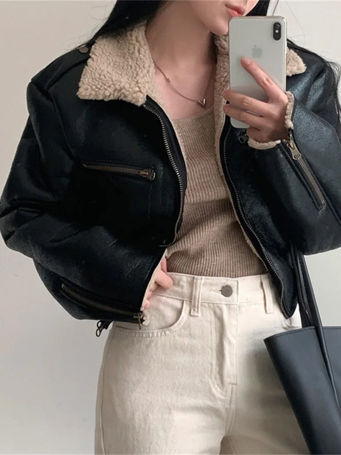 

Winter Thiened Warm ort Fur Leather Inteated Chic New Hong Kong Sle Retro Personali Women's Cotton Jaet Coat