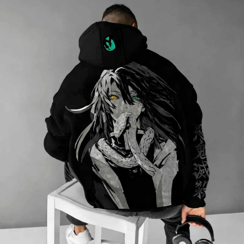 2025 outono inverno hoodies masculinos anime japonês demon slayer obanai gráficos roupas oversize puro algodão topos y2k streetwear