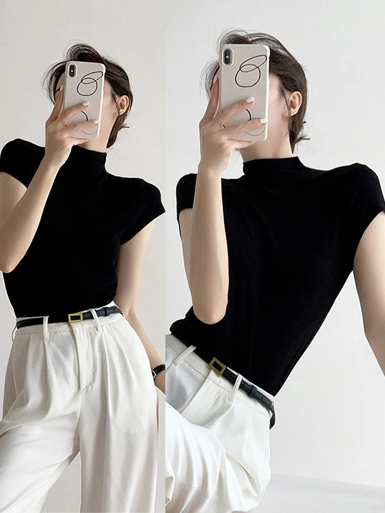 

Women's Knitted Half-High Collar Short Sleeve Base Shirt Inner Wear T-Shirt Casual Slim Fit Korean Style Commute Fashion
