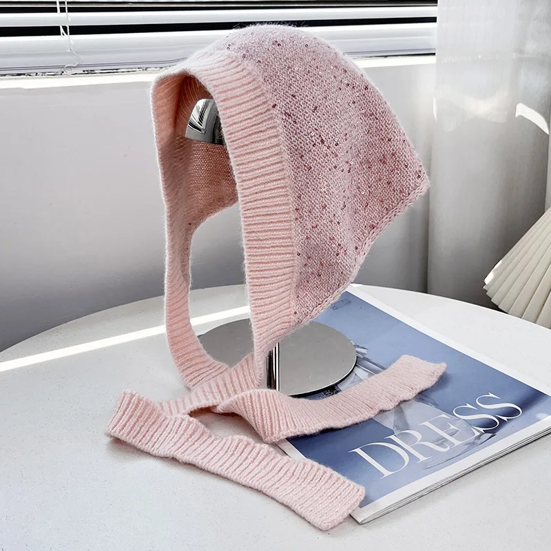 Koreanische Mode: Pailletten-Dreieckstuch aus Kaninchenhaar-Mischgewebe für Herbst und Winter, vielseitiges gestricktes Stirnband mit Schnürung für Damen – Detail 3