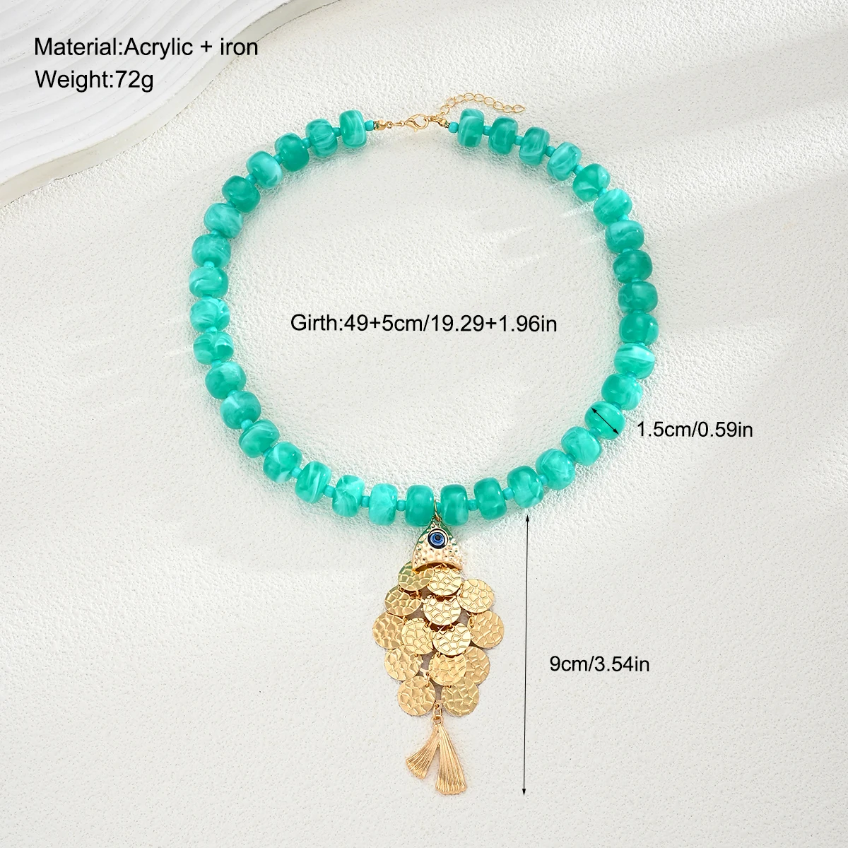 Y2K Boho Blaue Acryl-Rundperlen-Choker-Halskette für Damen, trendiger Kupfer-Glücksfisch-Anhänger, Halsaccessoire, Modeschmuck, Geschenk – Detail 7