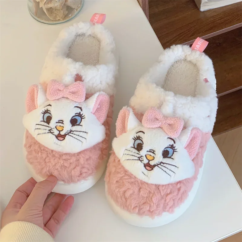 Disney Mary cat cute sweet home warm women's shoes cartoon cat thick-soled non-slip plush half-pack heel cotton slippers