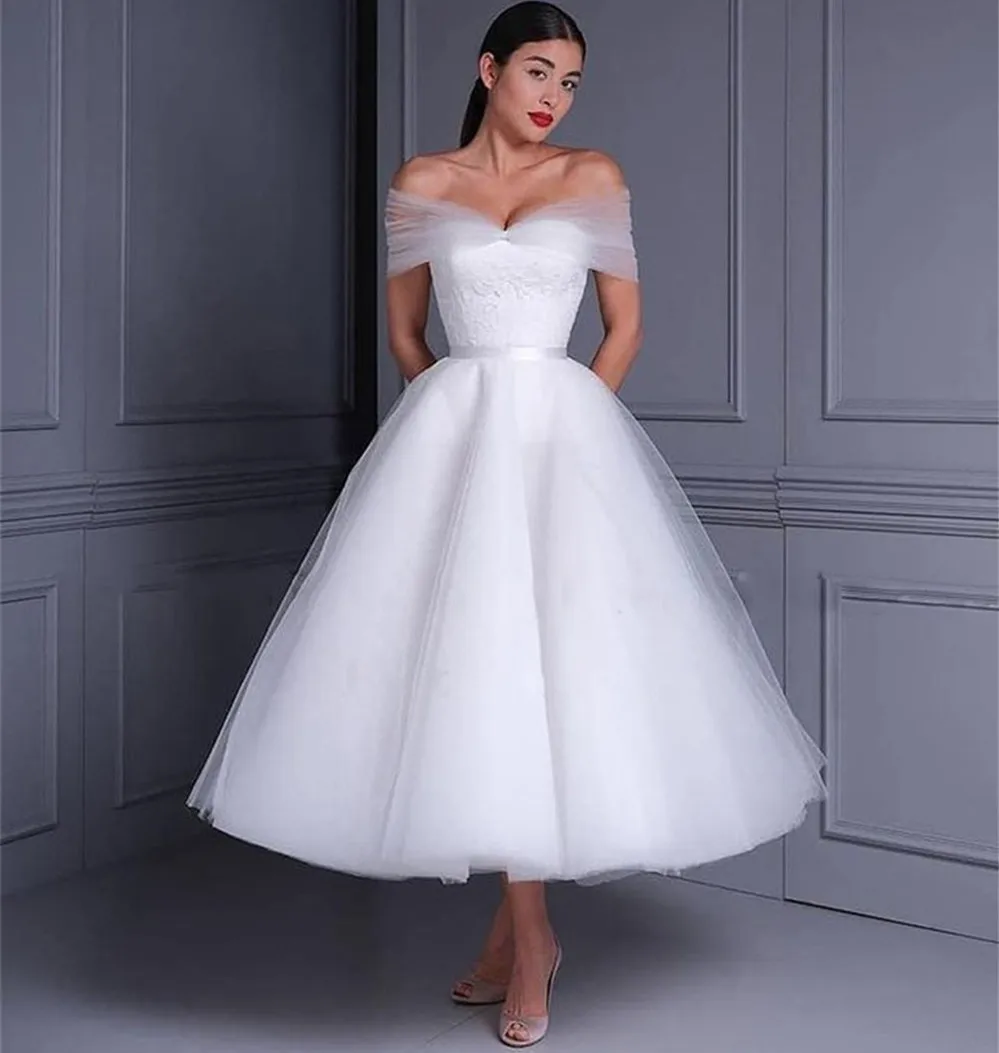 

Customized Pure White Short Wedding Dresses 2024 Off The Shoulder Tea Length Elegant Outdoor Bridal Gowns 2023 Vestidos De Novia