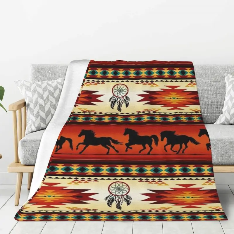 Custom 3D Print Navajo Aztec Tribal Horse Pattern Blankets Comfortable Soft Flannel Sprint Throw Blanket for Sofa Travel Bed