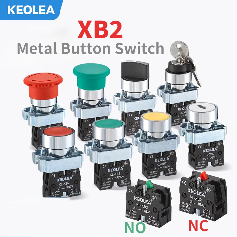 XB2 Series Metal Button Switch Self Reset Small Mushroom Head Middle Seat Emergency Stop 22mm Knob Key Start Inching Power on