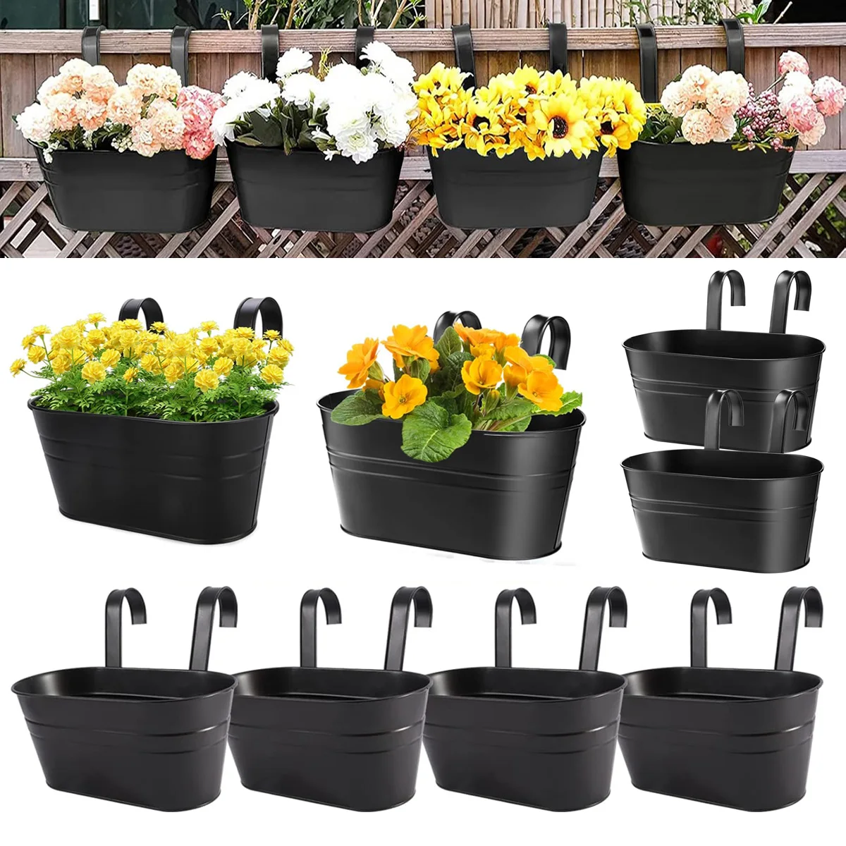 

Dahey Iron Hanging Flower Pots for Railing and Fence Rustic Window Planter with Detachable Hooks Home Decor