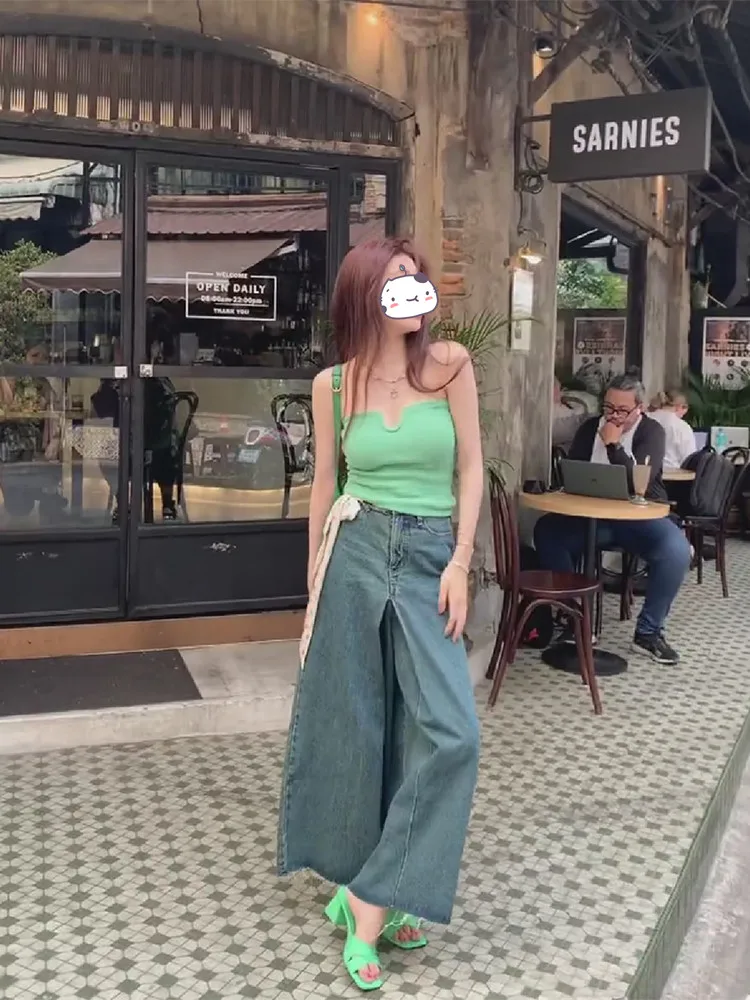 

Elegant High Waist Wide Leg Denim Jeans Women's Spring Summer New Design Sensation Skirt Loose Jeans Deep Blue Color