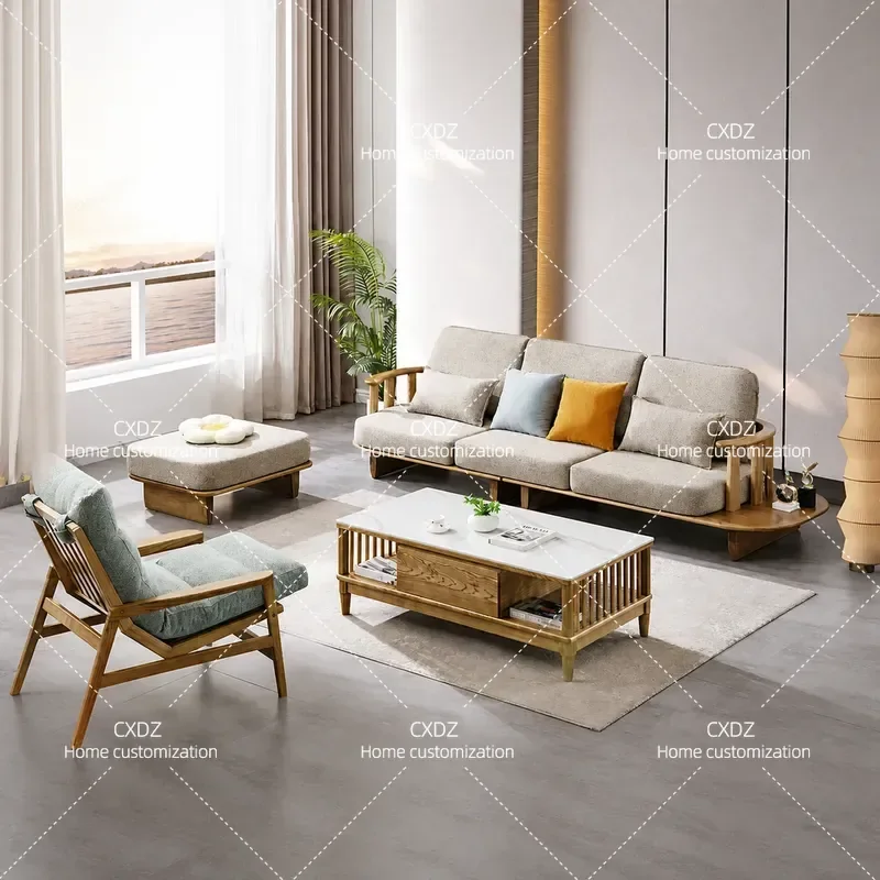 Nordic Solid Wood Sofa Japanese Style Small Apartment 3 Seater Living Room Furniture Winter Summer Ash Wood Couch