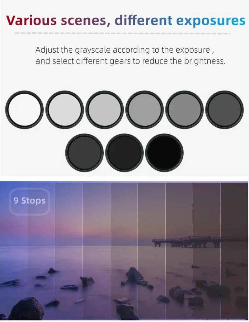 77mm 82mm 95mm Variable ND2-ND400 ND Lens Filter (1-9 Stops) for Camera Lens Custom Adjustable Neutral Density Filter