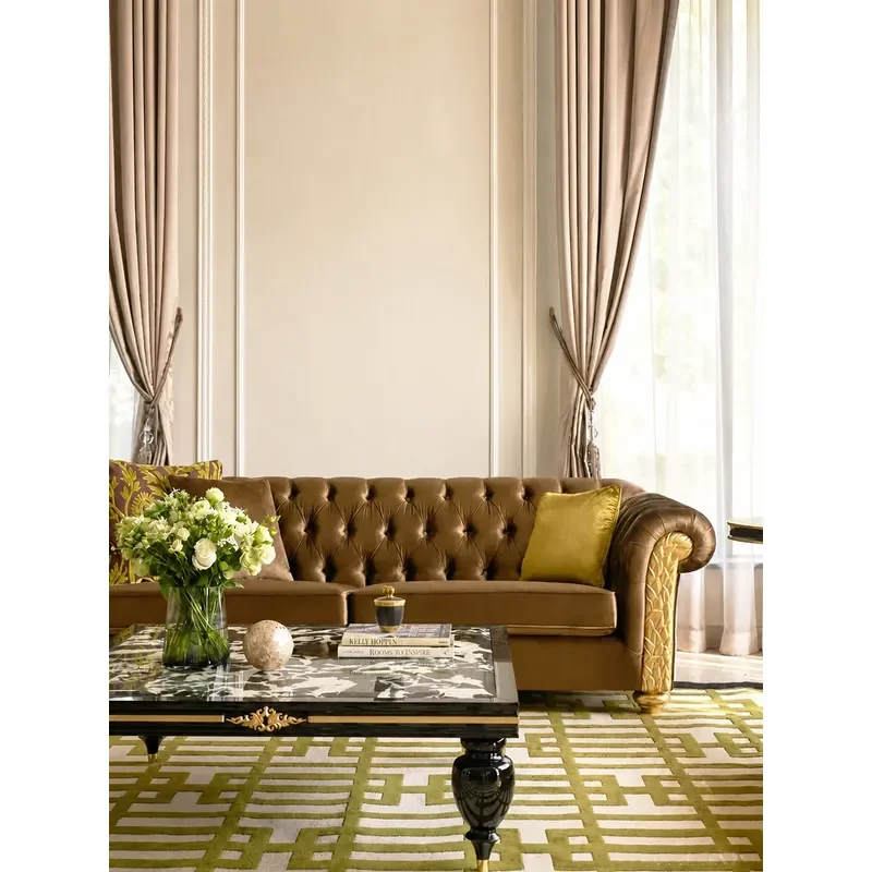 Neoclassical Solid Wood Combination Sofa Modern Clubhouse Hotel Furniture Fabric Buckle Living Room Three Person Sofa
