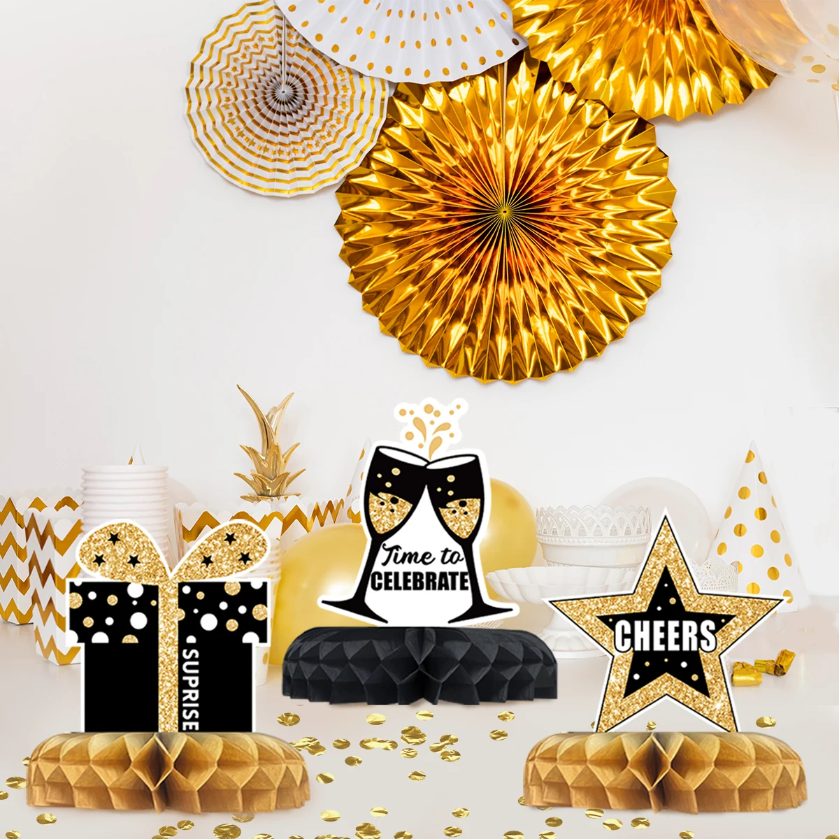 Favo de mel preto e dourado para crianças e adultos, decoração desktop, material para festa, 30, 40, 50 anos