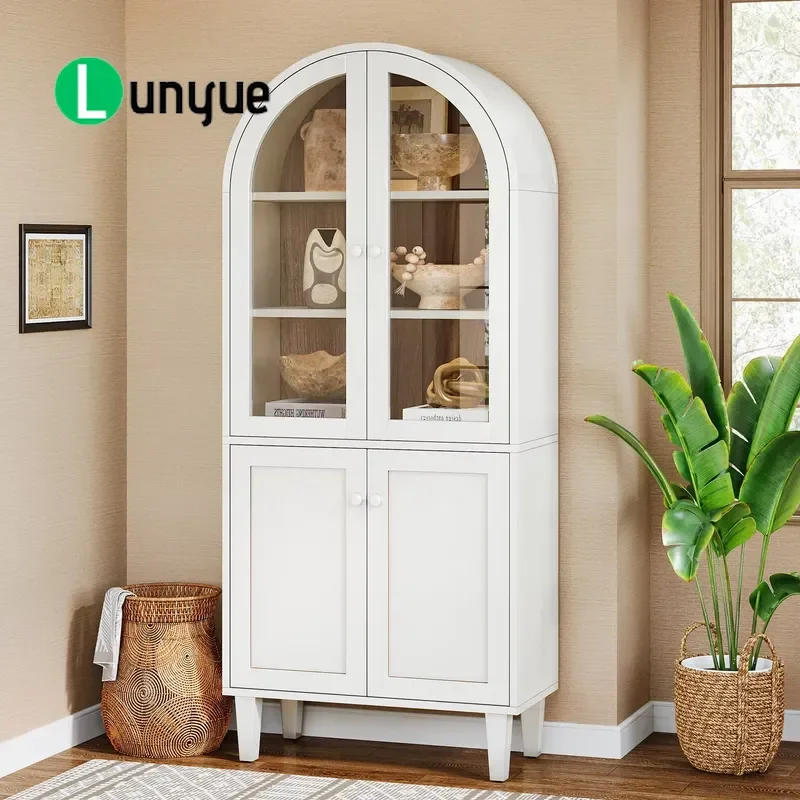 68 Inch Tall Arched Display Cabinet White Wooden Freestanding Locker for Living Room Storage Furniture Home Decor Showcase