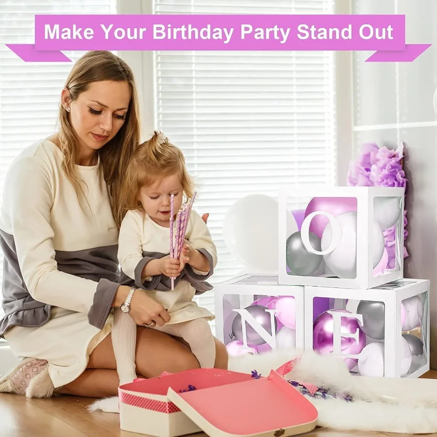 Fit Birthday Decorations For Boy Or Girl 3 Pcs ONE Balloon Boxes For 1st Birthday Baby Clear Blocks Party Decor With ONE TWO Le