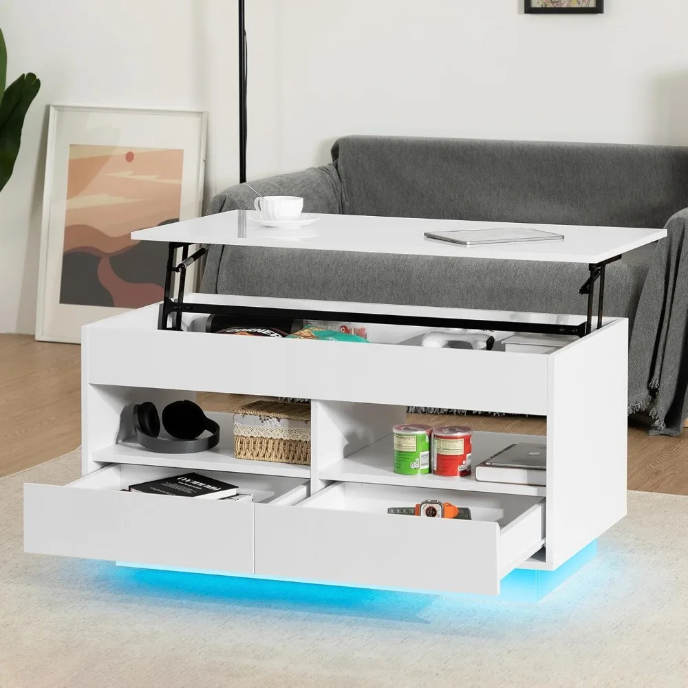 

Elevated Coffee Table, 19.68”, LED Lighted Storage Cabinet with Hidden Compartment and 2 Open Shelves and 2 Drawers, Side Table