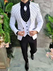 Luxury Men Wedding Suit Crystal Beading Stand Collar Single Breasted Formal Groom Party Wear 3 Pieces Blazer Vest pant Customed