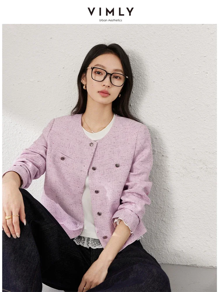 

VIMLY женские элегантные короткие куртки 2022, весна-осень, офисная женская верхняя одежда с длинными рукавами и круглым вырезом, женская осенняя одежда A0629