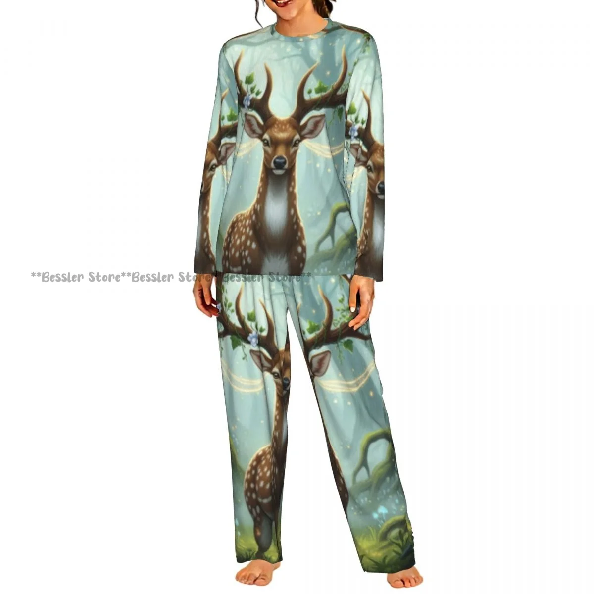 Women Casual Round Neck 2PCS Sleepwear Set Long Sleeve Shirt & Long Pants Majestic Deer With Antlers In Forest Home Loungewear
