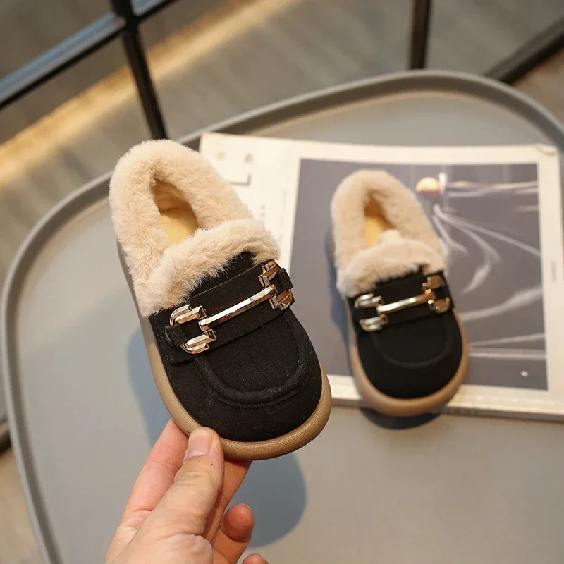 Kids Fashion Girls Leather Shoe Versatile Warm Cotton Children Boys Casual Shoes Platform Simple Solid Color Slip-on Boys Loafer