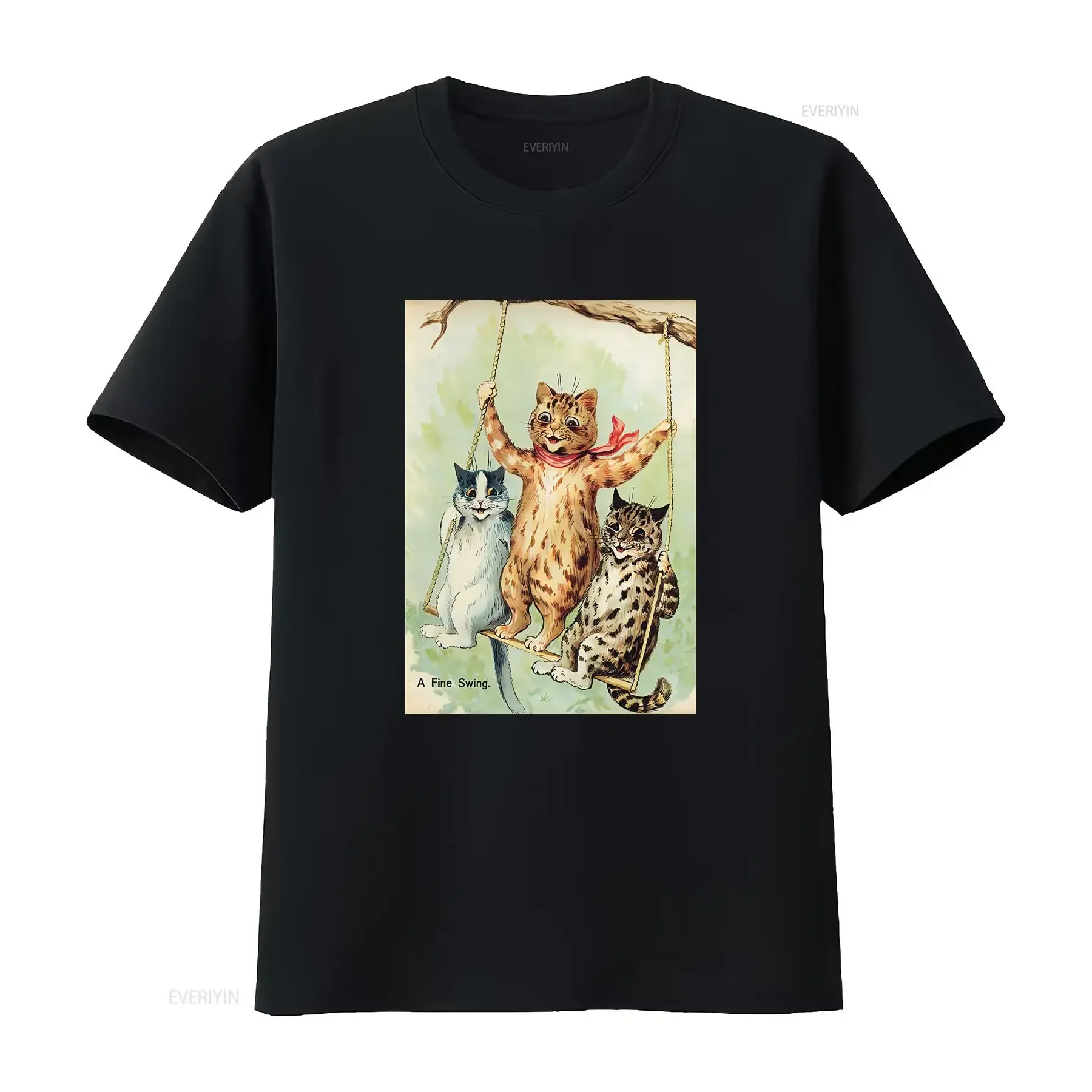 Louis Wain A Fine Swing Cat T shirt classic round neck short sleeved choice of sizes and colours Mens womens vintage Washed
