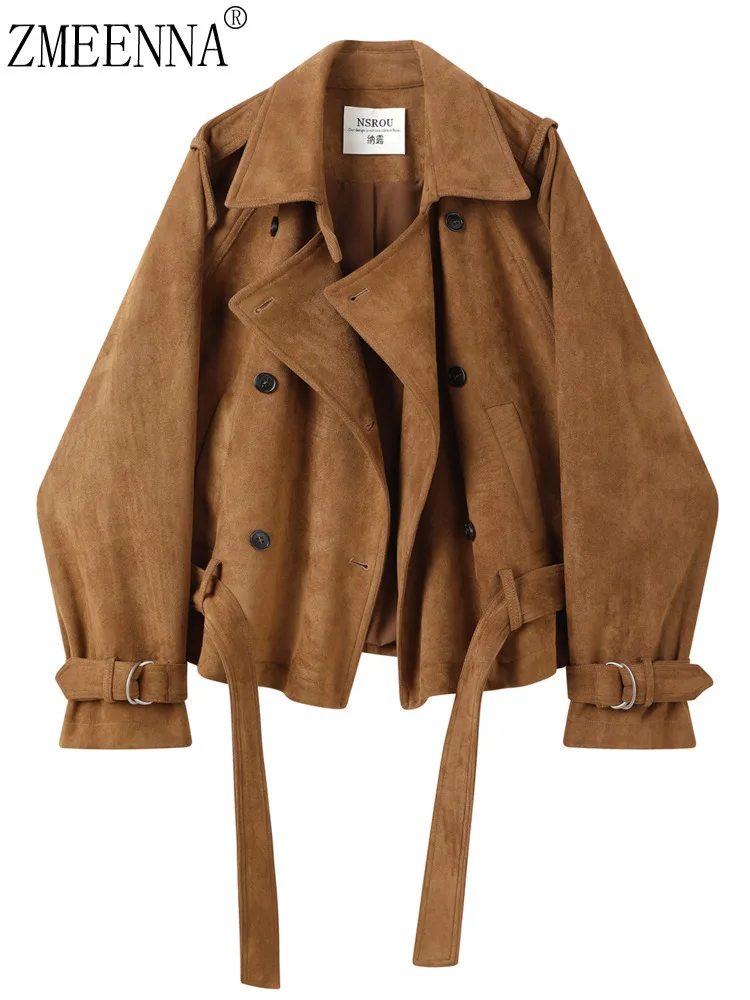 ZMEENNA レディース ショート フェイクスエード ダブルブレスト トレンチ ジャケット コート ベルト付き 秋のファッション オーバーコート カジュアル アウター ZM4288