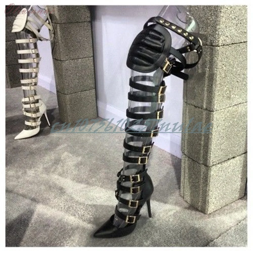 

Black Sexy Round Rivets Decor Sandal Boots Pointy Hollow Hot Girls Stiletto High Heel Party Women Shoes 2025 New Para Mujere