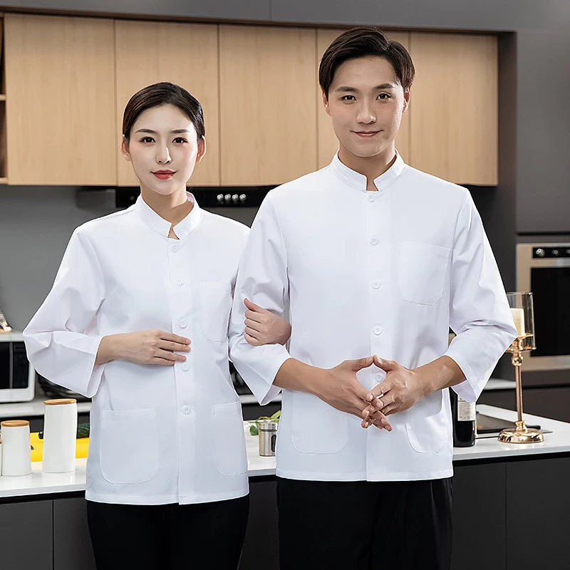 Ropa de trabajo para chef, uniforme de manga larga para otoño e invierno, uniforme para personal de cafetería de escuela y jardín de infantes, ropa de trabajo blanca para personal de cocina