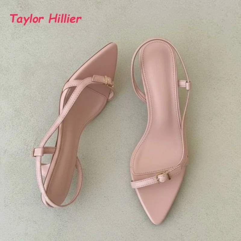 Kitten High Heels Women Fashion Single Buckle Thin Strap Pointed Toe Slingback Shoes Outdoor Summer New Formal Commute Sandals