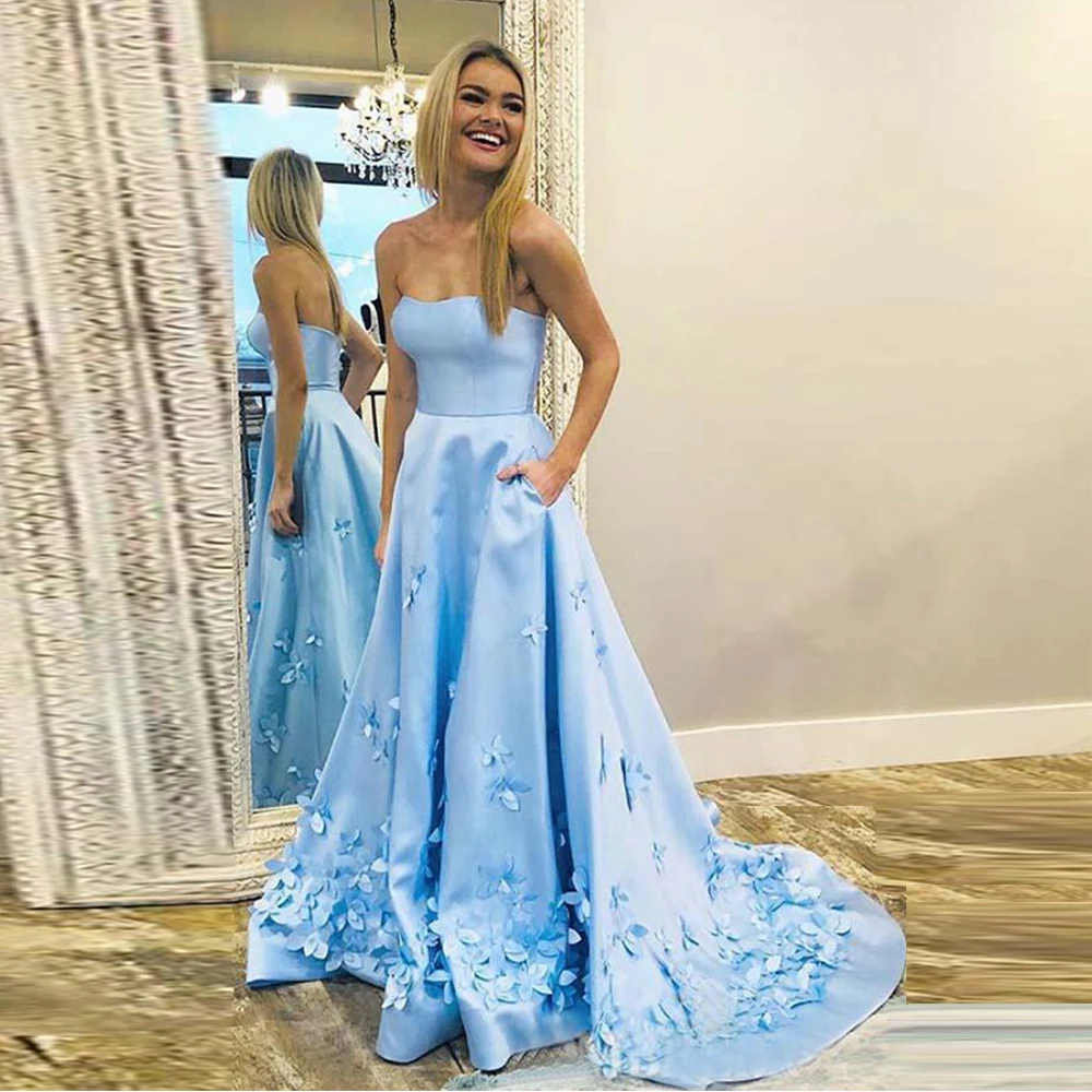 

Angelsbridep 2 STORE Sky Blue Satin Evening Dresses Strapless Floor Length Formal Party Dress Dubai Handmade Flowers Prom Gowns