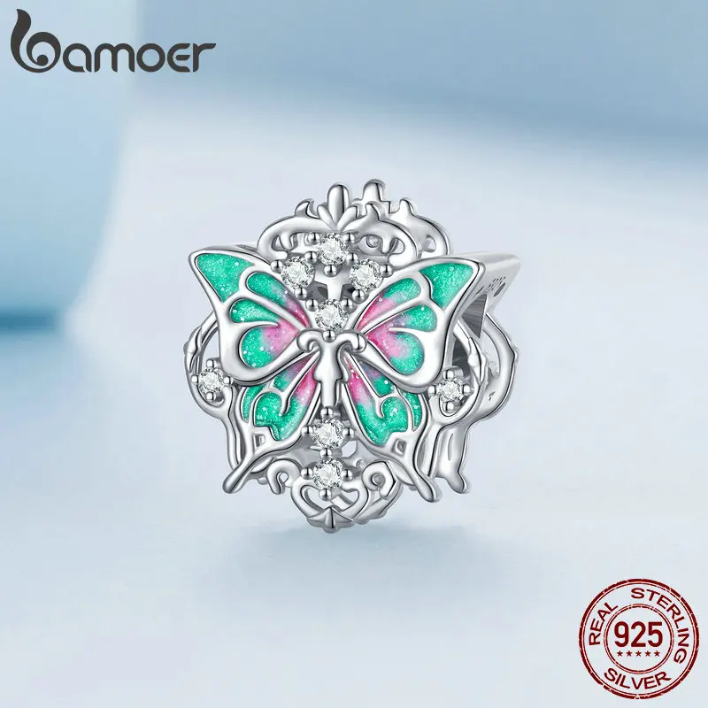 Bamoer 925 Sterling Silver Retro Pattern Enamel Baroque Butterfly Bead Charms for Women Bracelet Bangle DIY Fine Jewelry BSC690