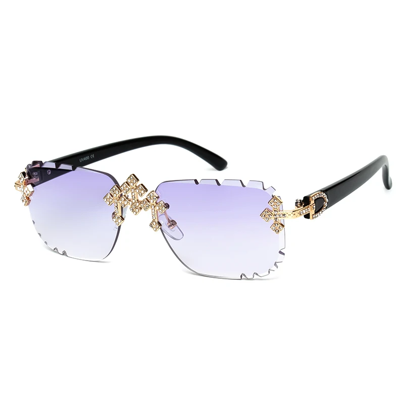 2025 mode carré sans monture lunettes de soleil pour femmes croix diamant métal cadre lunettes de luxe coupe lentille UV400 nuances lunettes de soleil