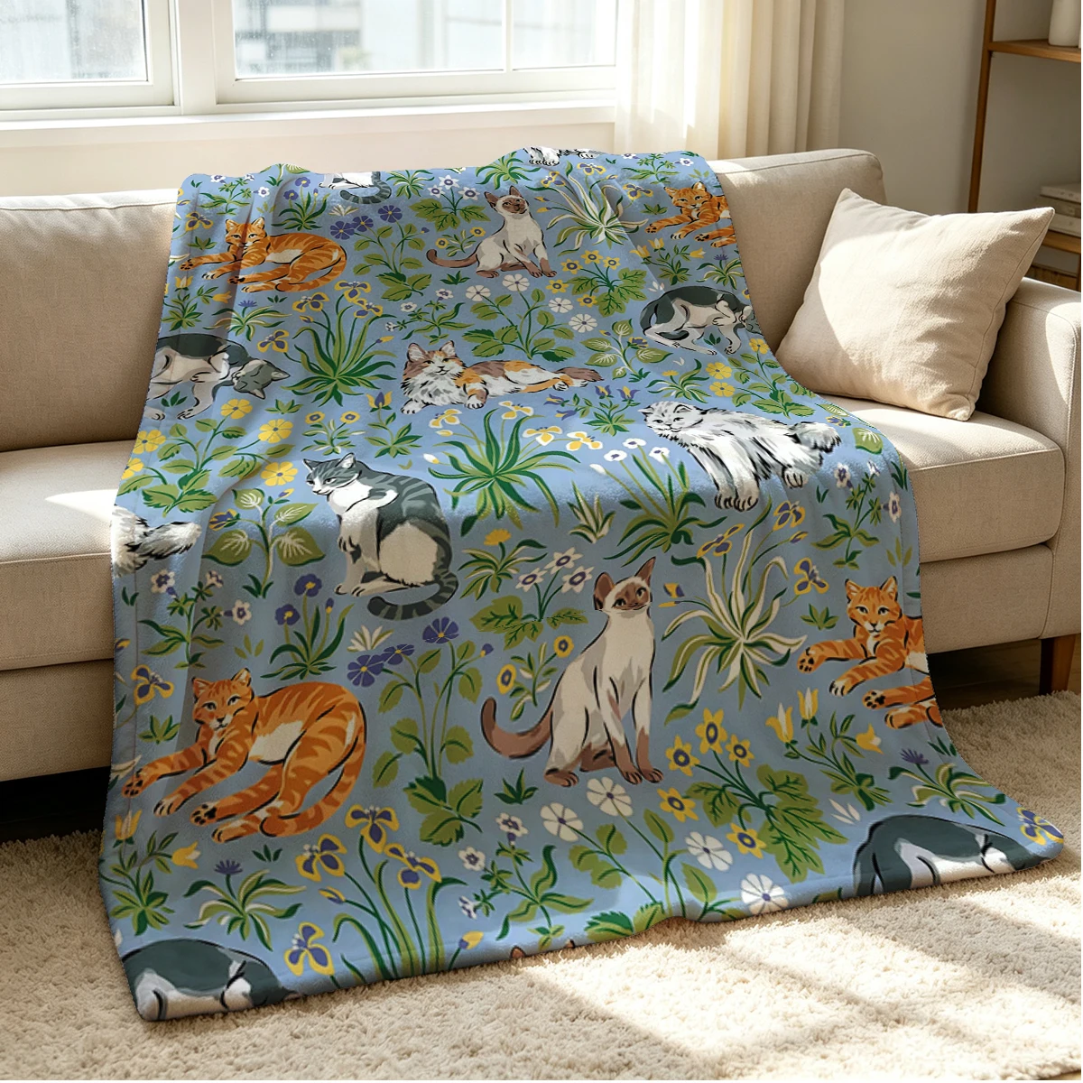 Garden Kitties Flannel Blanket Warm Soft Halloween Christmas Couch Warm Cozy Decorative Decor Gift for All Season