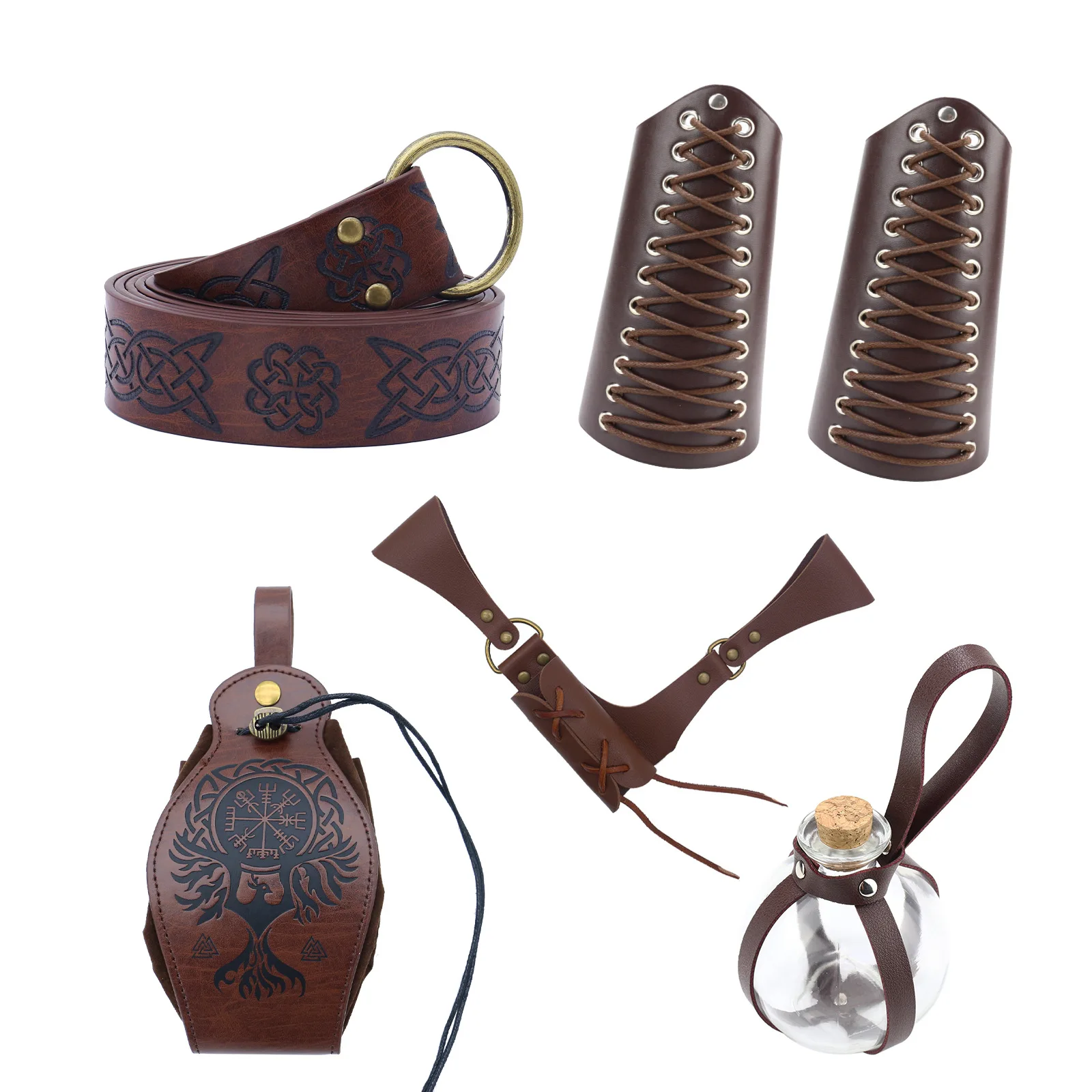 Viking Warrior Retro Medieval Hunter Knight Leather Belt Pouch Coin Purse Magic Bottle Armor Bracer Set Halloween COSPLAY Prop
