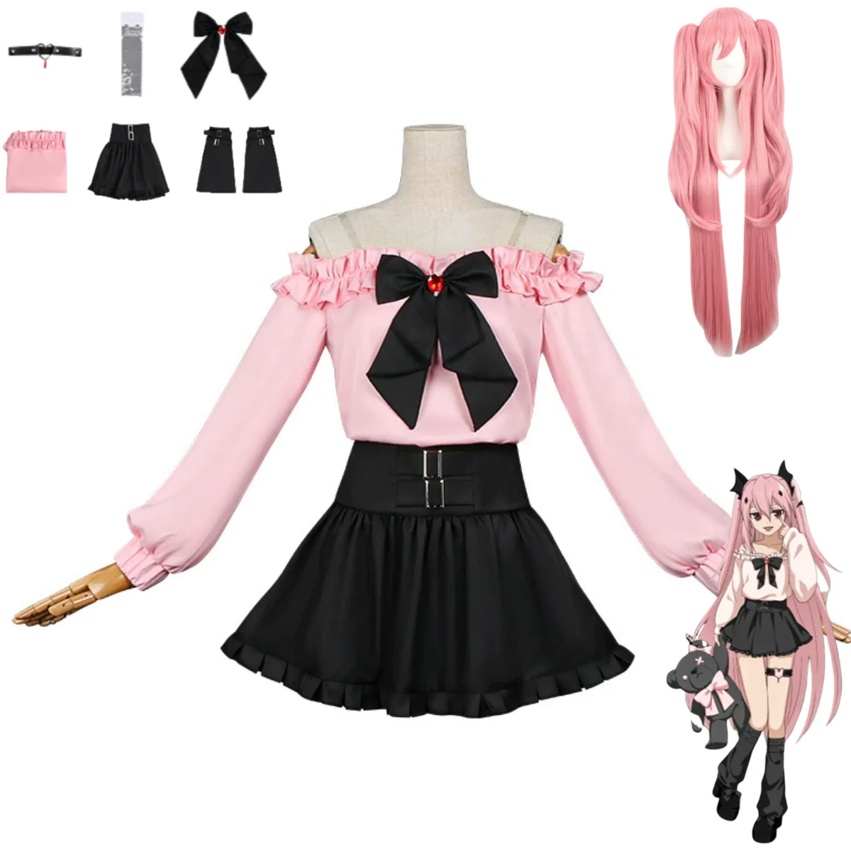 

Женский сексуальный повседневный костюм для отдыха в стиле аниме «Серафим конца» Круль Цепеш Косплей Костюм Розовый с длинными рукавами Рубашка с открытыми плечами Юбка Парик