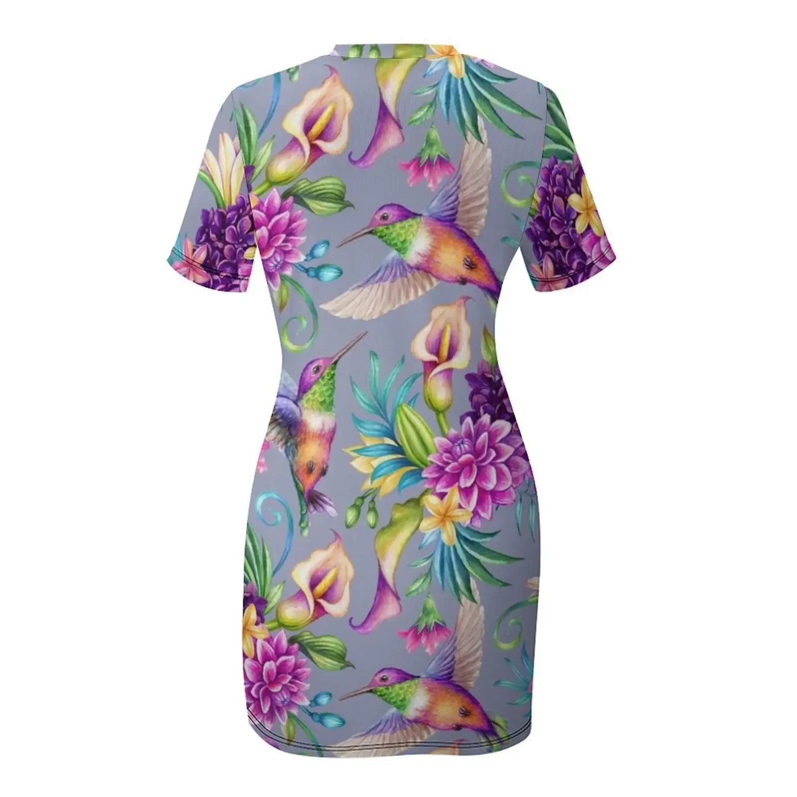 Abito da donna a maniche corte con motivo colibrì e fiori vintage, abito da sera da donna, abito da ballo