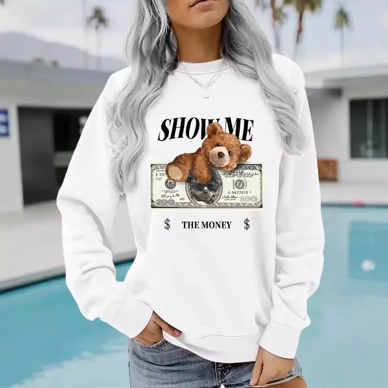 تيدي بير الأوراق النقدية المطبوعة المرأة عارضة طويلة الأكمام جولة الرقبة المطبوعة البلوز البلوز و الدافئة البلوز البلوز #2