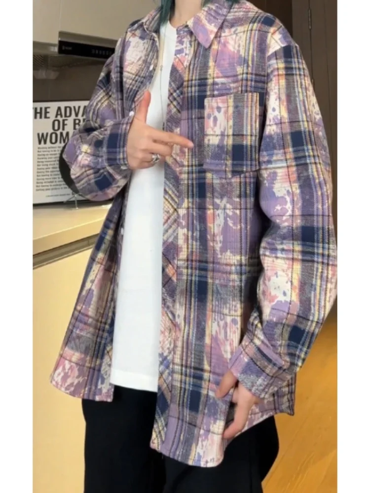 

Мужская рубашка в американском ретро-стиле с эффектом тай-дай, с длинным рукавом, с эффектом высокой плотности ткани, с небольшим узором, весенняя, повседневная, для подростков