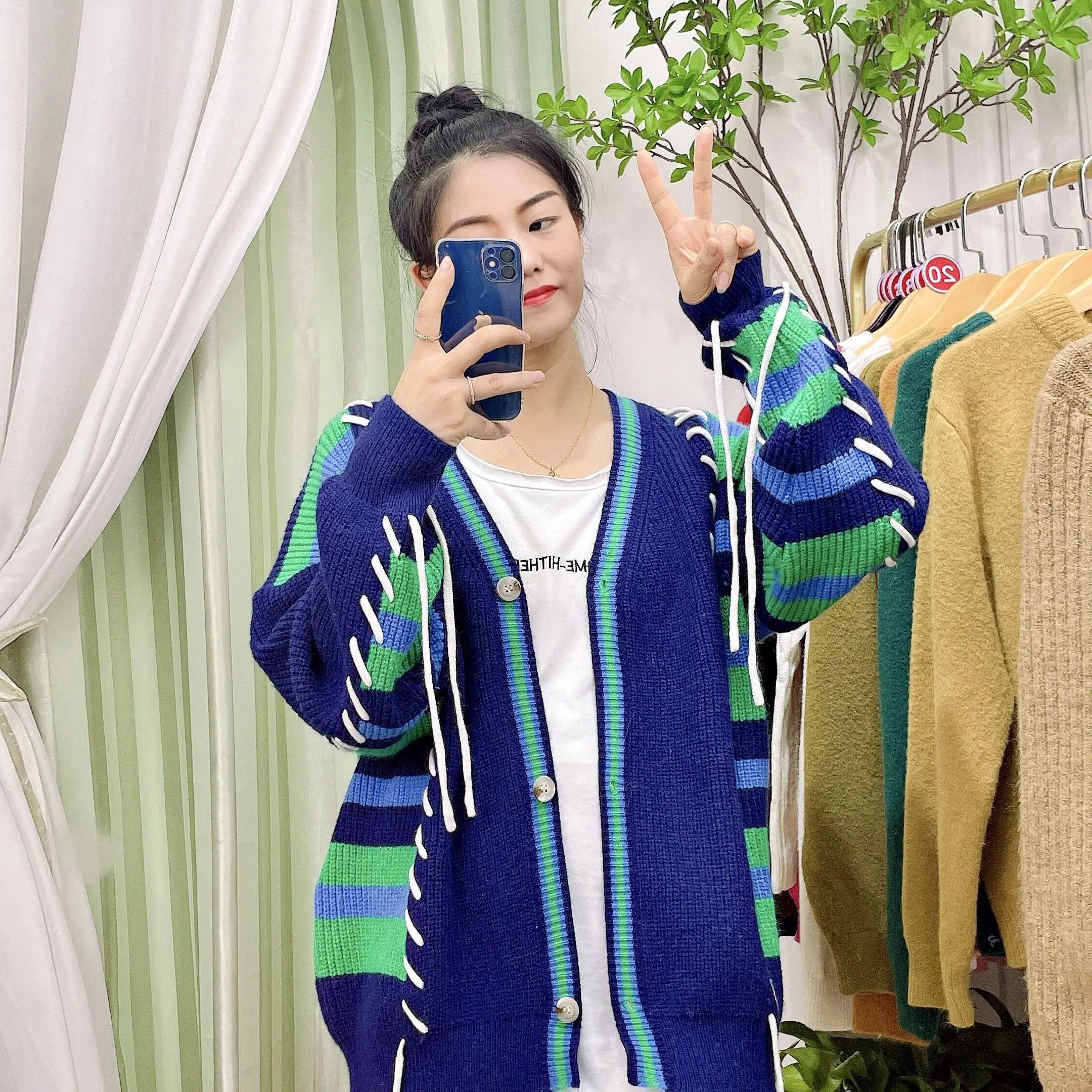 

Chic Design Striped V-Ne Knitted Open Cardigan Sweater Women's Sli Early Autumn Faion Street Sle Long Sve Thiened