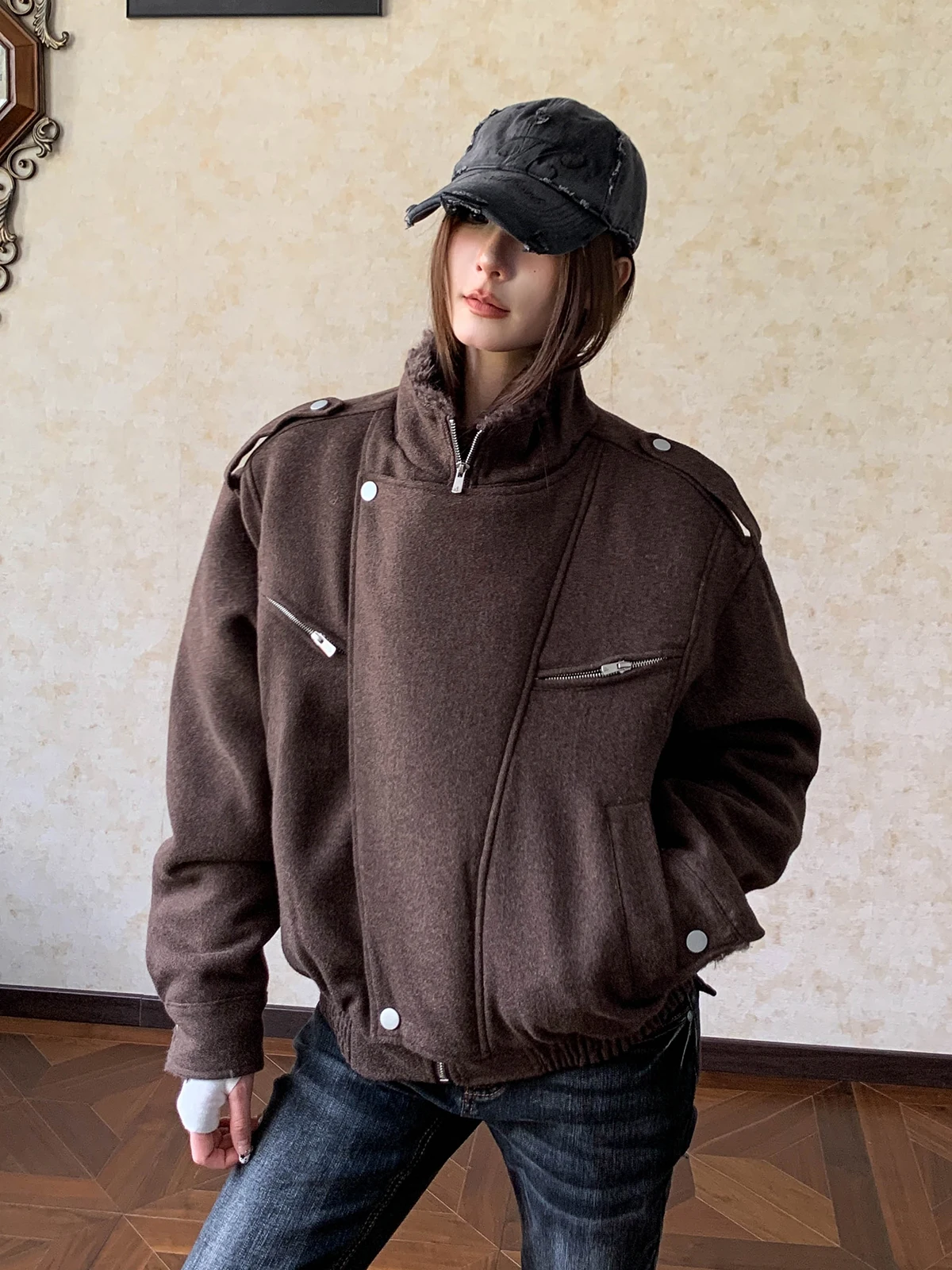 

Женское утепленное шерстяное пальто Aket в стиле ретро с воротником-стойкой, на подкладке из полиэстера, теплое повседневное верхнее пальто