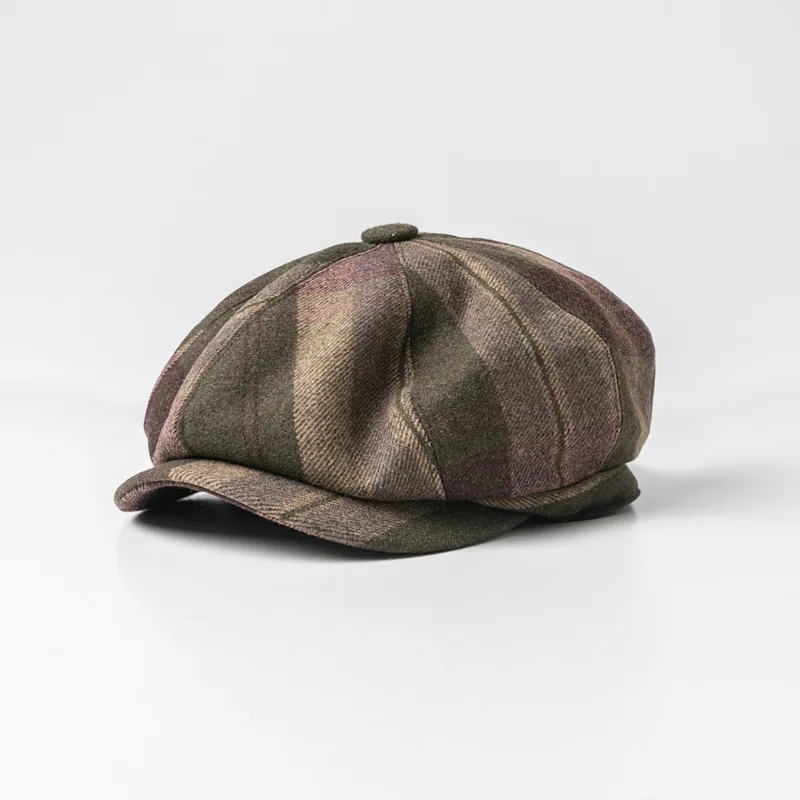 Retro Plaid Splicing Beret Wool Octagonal Cap Warm Newsboy Cap Street Painter Hat Retro Forward Cap England Plaid Hat