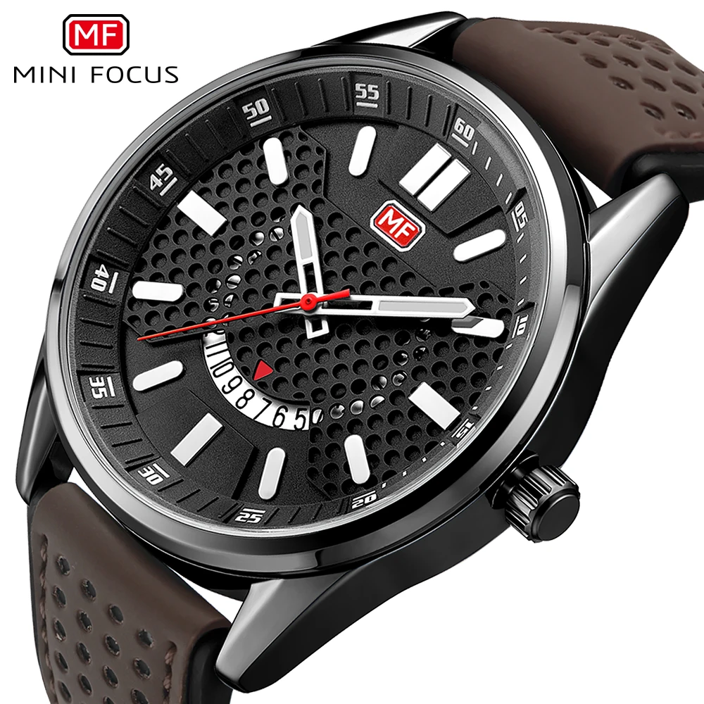 

MINI FOCUS Brand Watch For Men Genuine Leather Band Chronograph Quartz Date Display Wristwatch Sport Waterproof Male Gift Clock