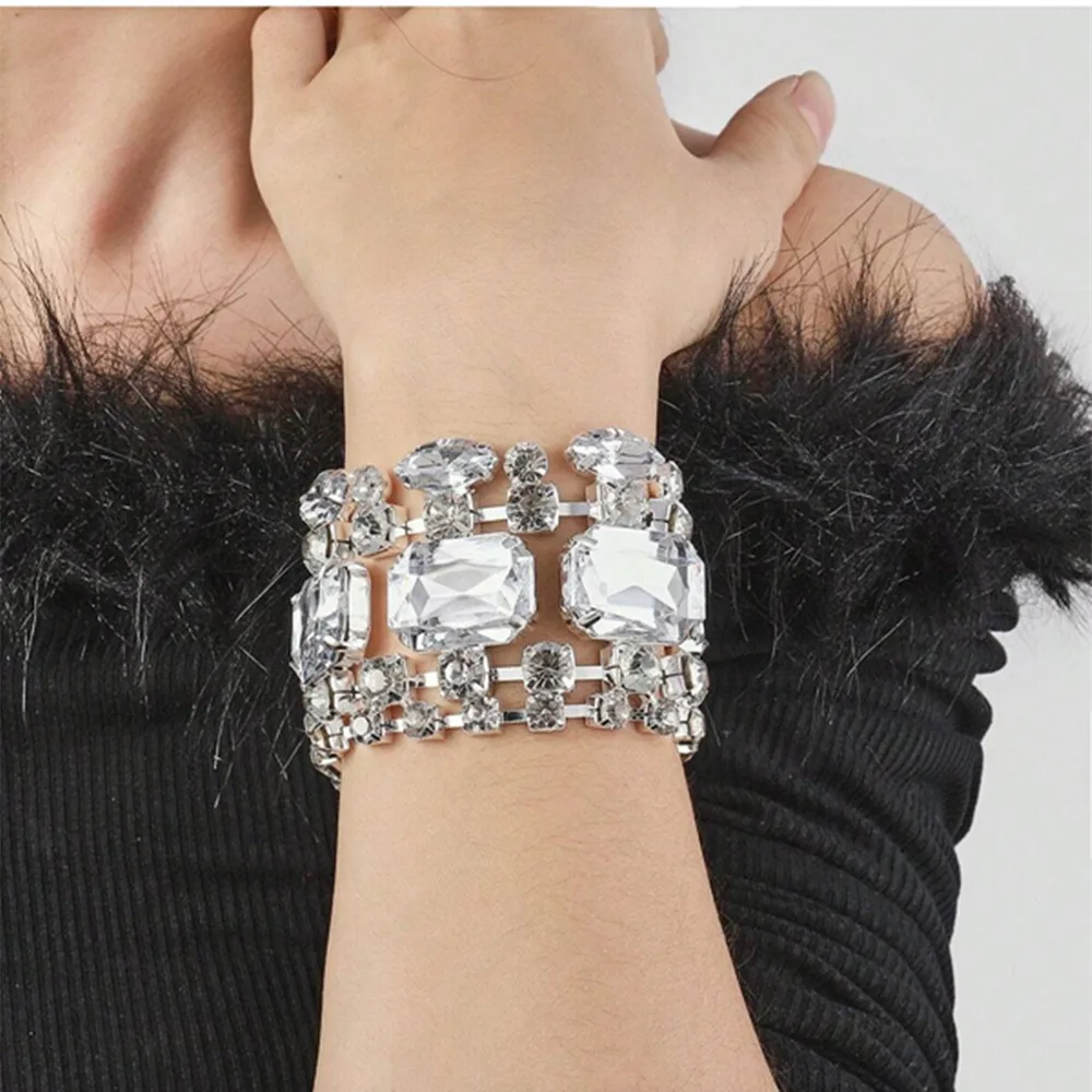 Exaggerate rhinestone big square Wide Bangle Bracelet Wedding jewelry for women Luxury crystal Geometric Square Hand Bracelet