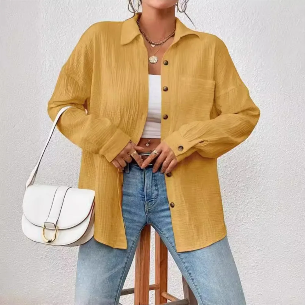 Cotton Gauze Solid Color Women's Shirt Casual Lapel Long Sleeve Button Top Office Elegant Young Women's Shirt Powder Blusher