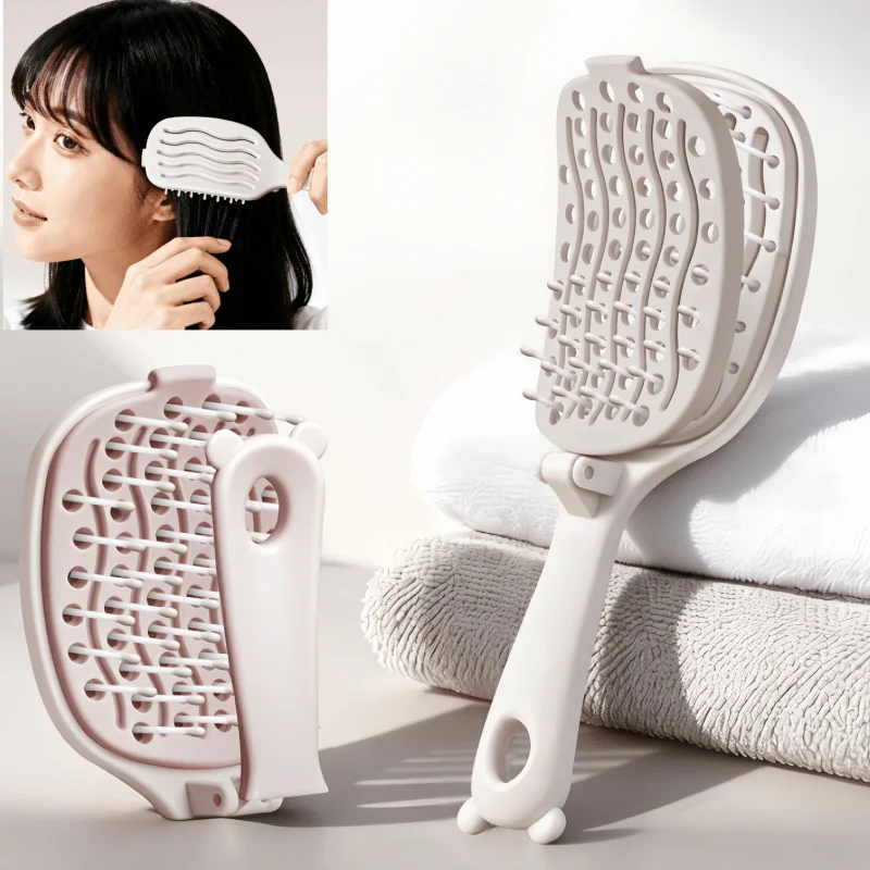 

Portable Women's Foldable Comb with Cleaning Pad - Suitable for All Hair Types, Nylon Detangling Brush for Travel